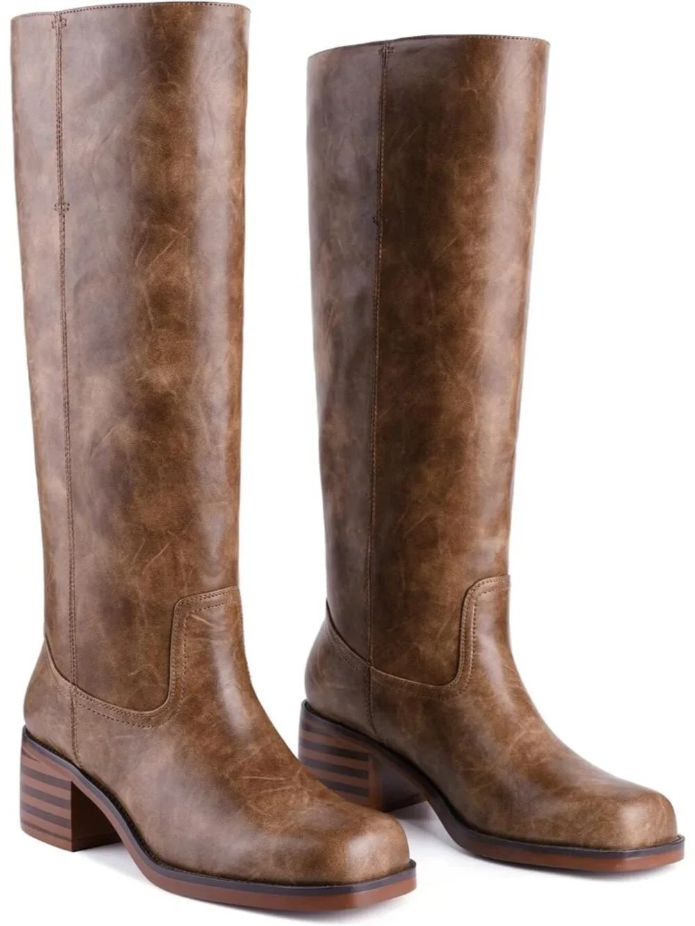 Women's Chocolate Chunky Block Heel Square Toe Going Out Knee High Riding Boots